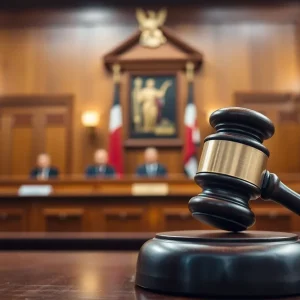 A courtroom setting depicting the legal processes of a murder trial.