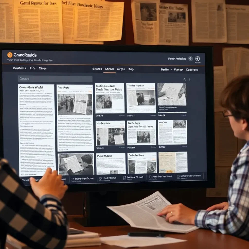 Users exploring the Grand Rapids digital archive with historical newspapers displayed.
