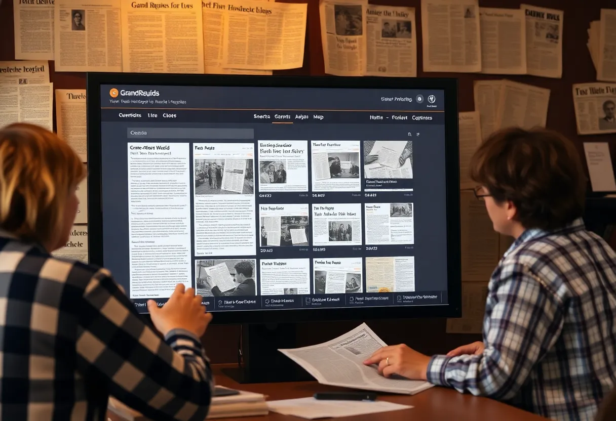 Users exploring the Grand Rapids digital archive with historical newspapers displayed.