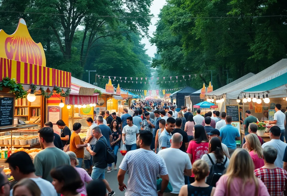 Crowds enjoying the Grand Rapids Foodie Frenzy with food stalls and live music