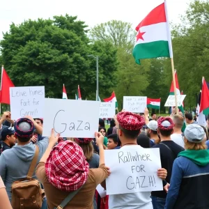 Crowd at the All Eyes on Gaza rally in Grand Rapids