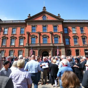 Attendees at the Grand Rapids Historic Preservation Awards Ceremony in front of a beautifully restored historic building.