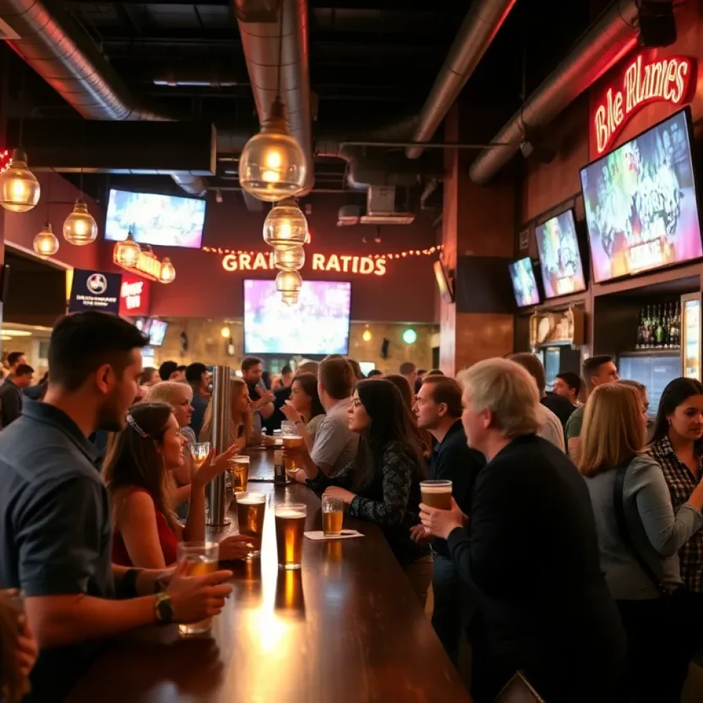 A lively Grand Rapids bar with people enjoying drinks