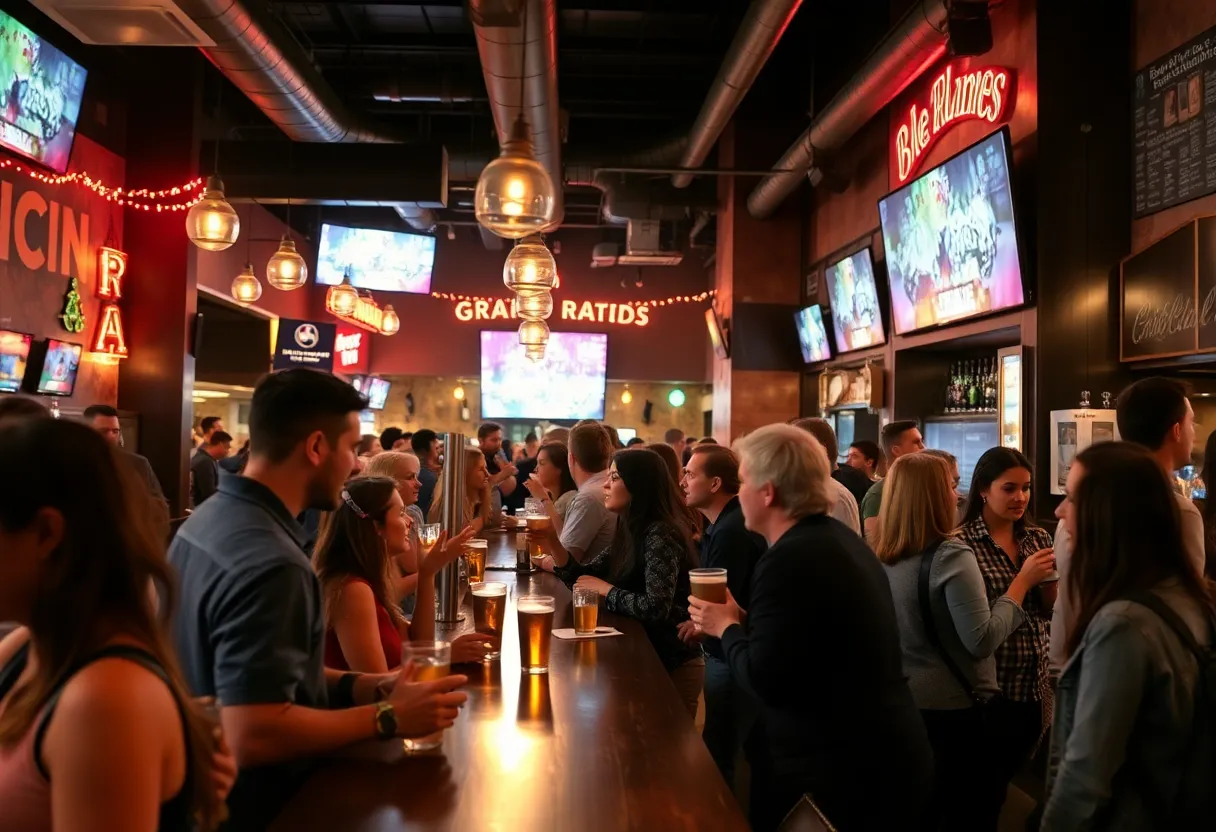 A lively Grand Rapids bar with people enjoying drinks