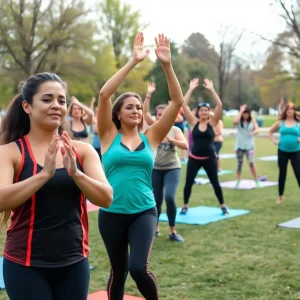 Outdoor fitness class in Grand Rapids park with diverse participants