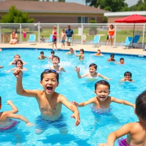 Children enjoying a sunny day at a community outdoor pool in Grand Rapids