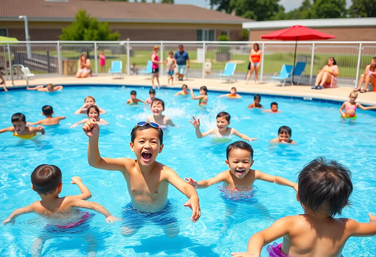 Children enjoying a sunny day at a community outdoor pool in Grand Rapids