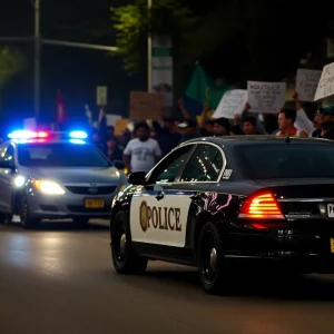 Community members holding signs during a protest against police use of force in Grand Rapids