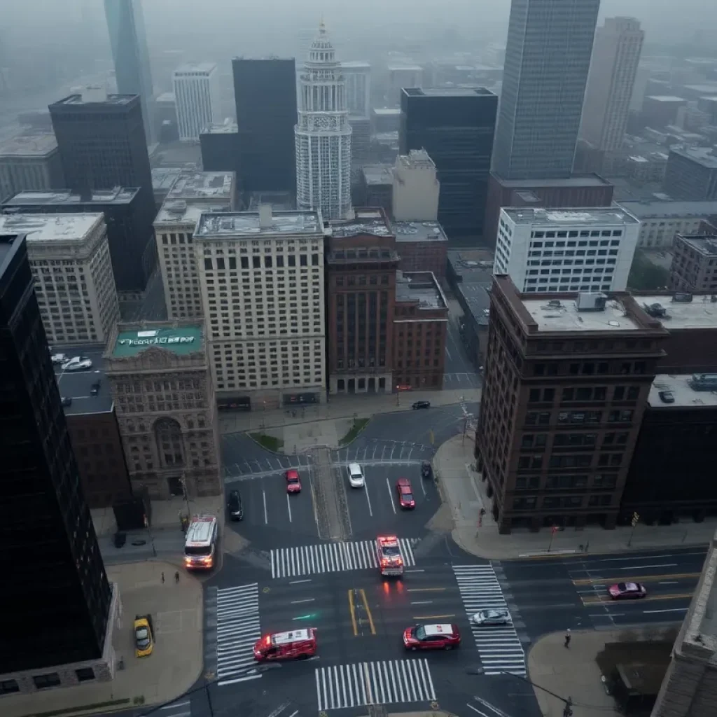 Aerial view of Grand Rapids during a power outage