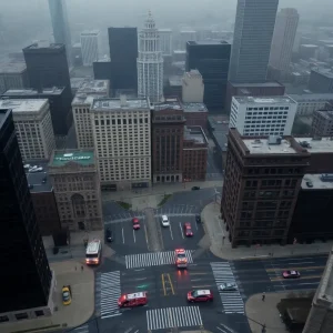 Aerial view of Grand Rapids during a power outage