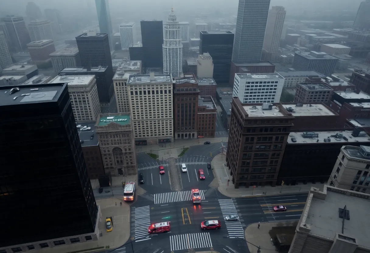 Aerial view of Grand Rapids during a power outage