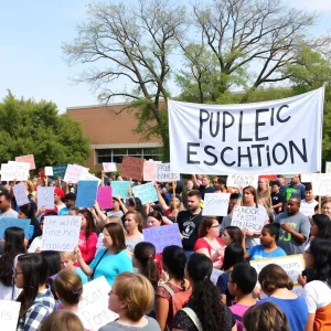Crowd of protesters advocating for public education at Union High School