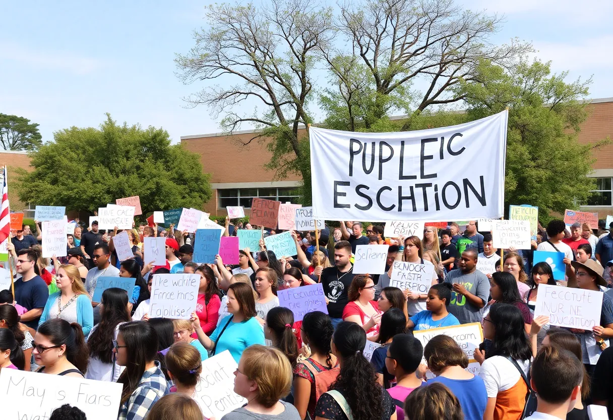 Crowd of protesters advocating for public education at Union High School