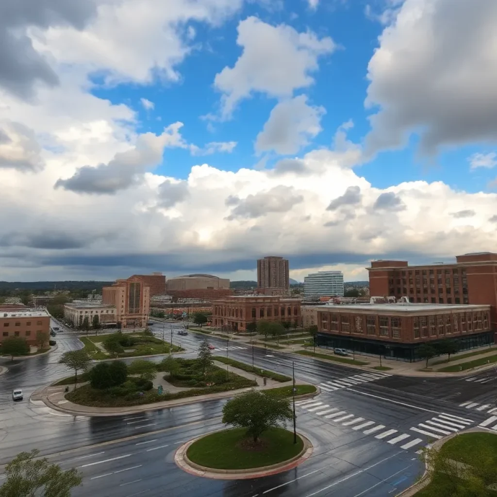 A rainy day in Grand Rapids with clouds and wet streets.