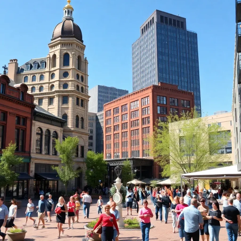 Revitalized public space in Grand Rapids with modern and historic architecture.
