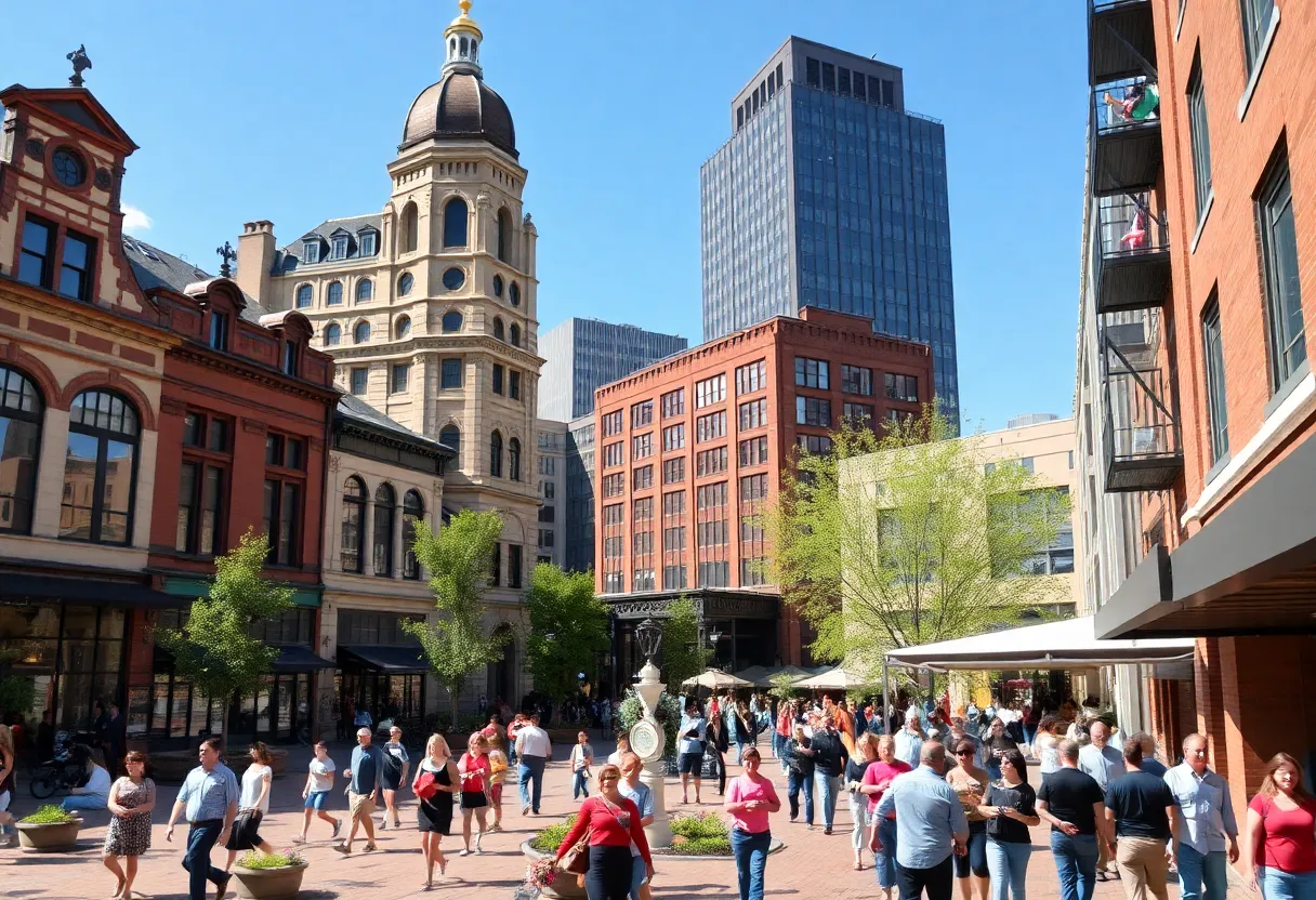Revitalized public space in Grand Rapids with modern and historic architecture.