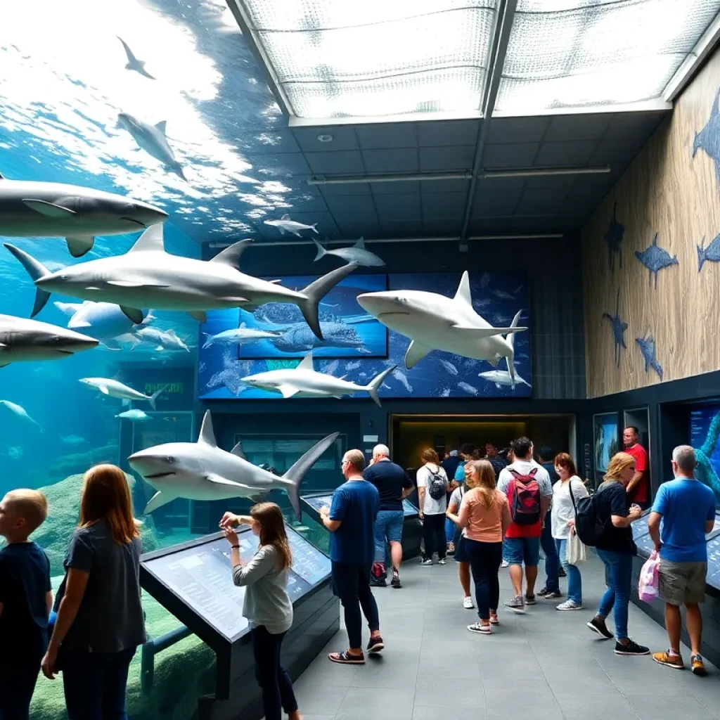Exhibit showcasing various shark specimens and interactive displays at the Grand Rapids Public Museum.