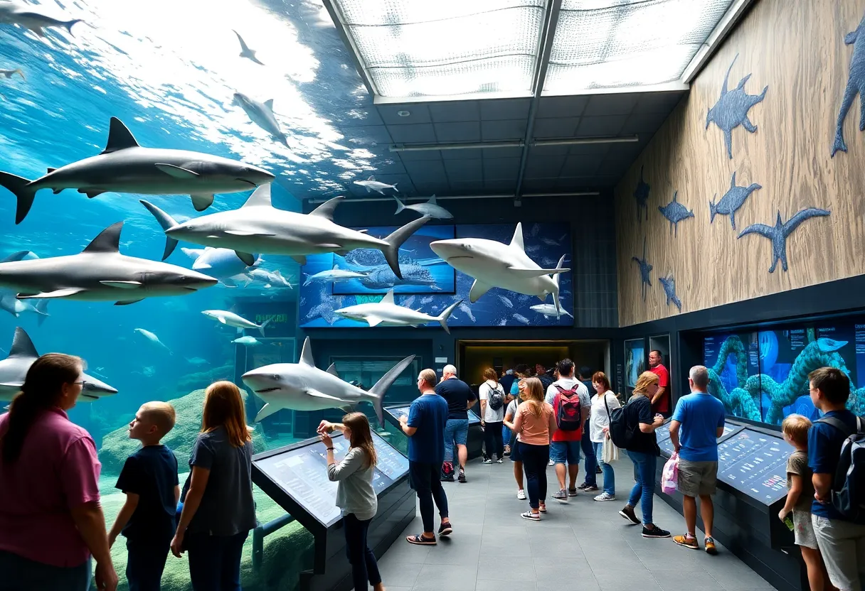 Exhibit showcasing various shark specimens and interactive displays at the Grand Rapids Public Museum.