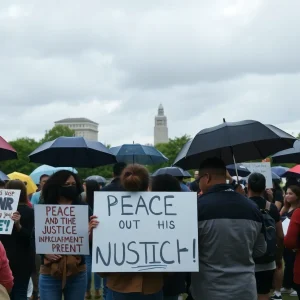 Crowd of community members at a peace rally in Grand Rapids, advocating for Gaza.