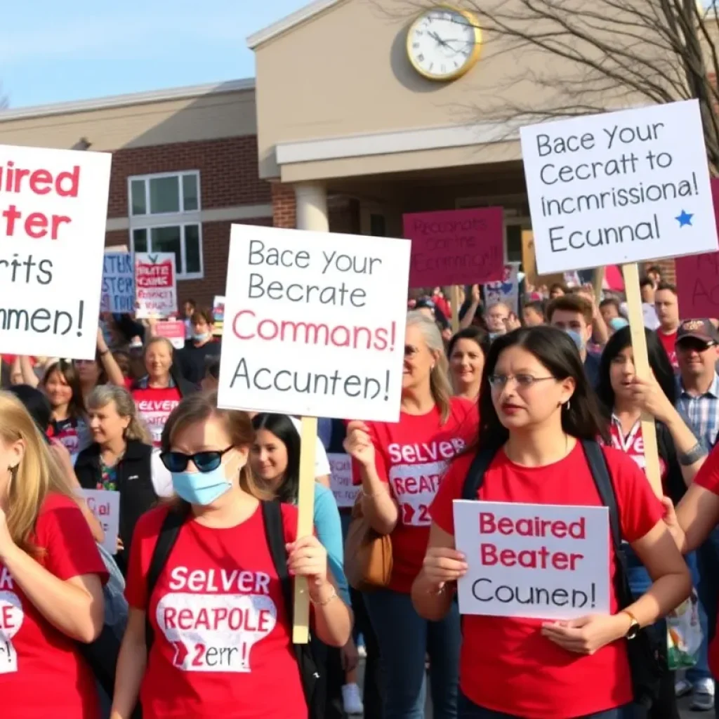 Grand Rapids teachers holding signs at a rally for higher compensation