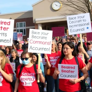 Grand Rapids teachers holding signs at a rally for higher compensation