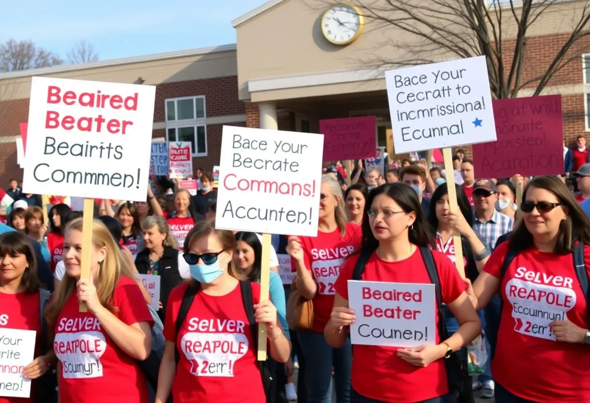 Grand Rapids teachers holding signs at a rally for higher compensation