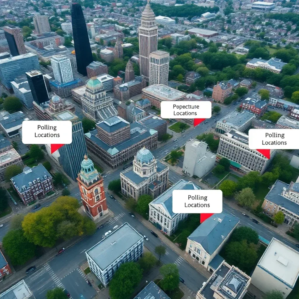 Aerial view of Grand Rapids with highlighted voting precincts.