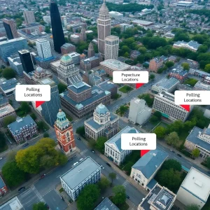 Aerial view of Grand Rapids with highlighted voting precincts.