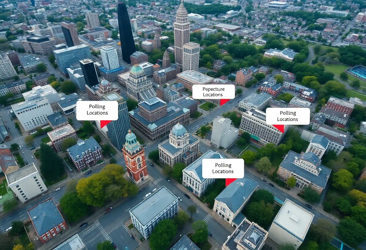 Aerial view of Grand Rapids with highlighted voting precincts.