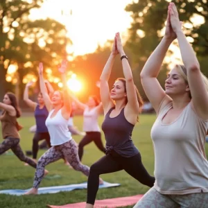 Women participating in a yoga session at sunset in a park