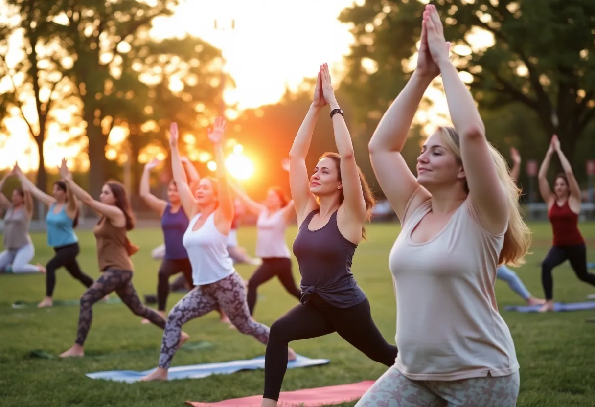 Women participating in a yoga session at sunset in a park