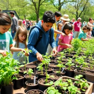 Families participating in gardening activities at the Grow and Give event