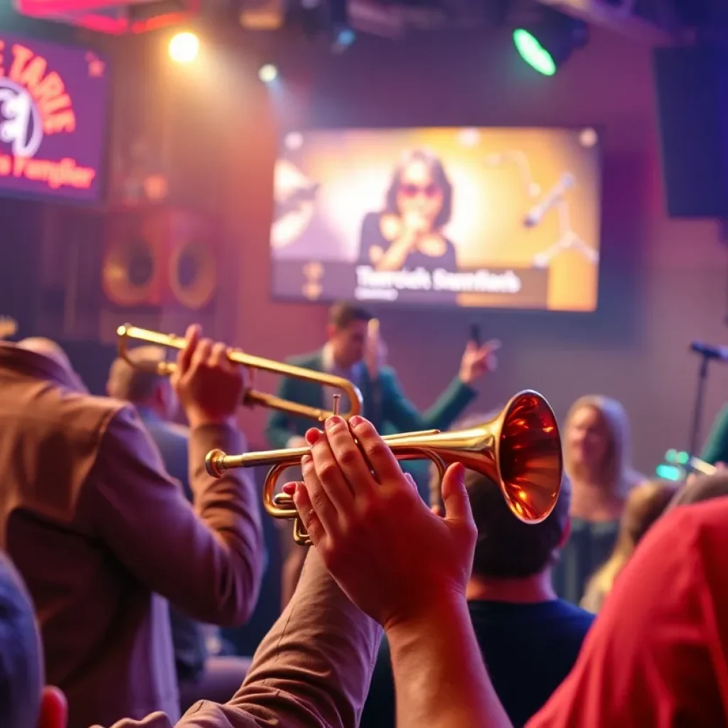 Audience enjoying a concert with colorful stage lights