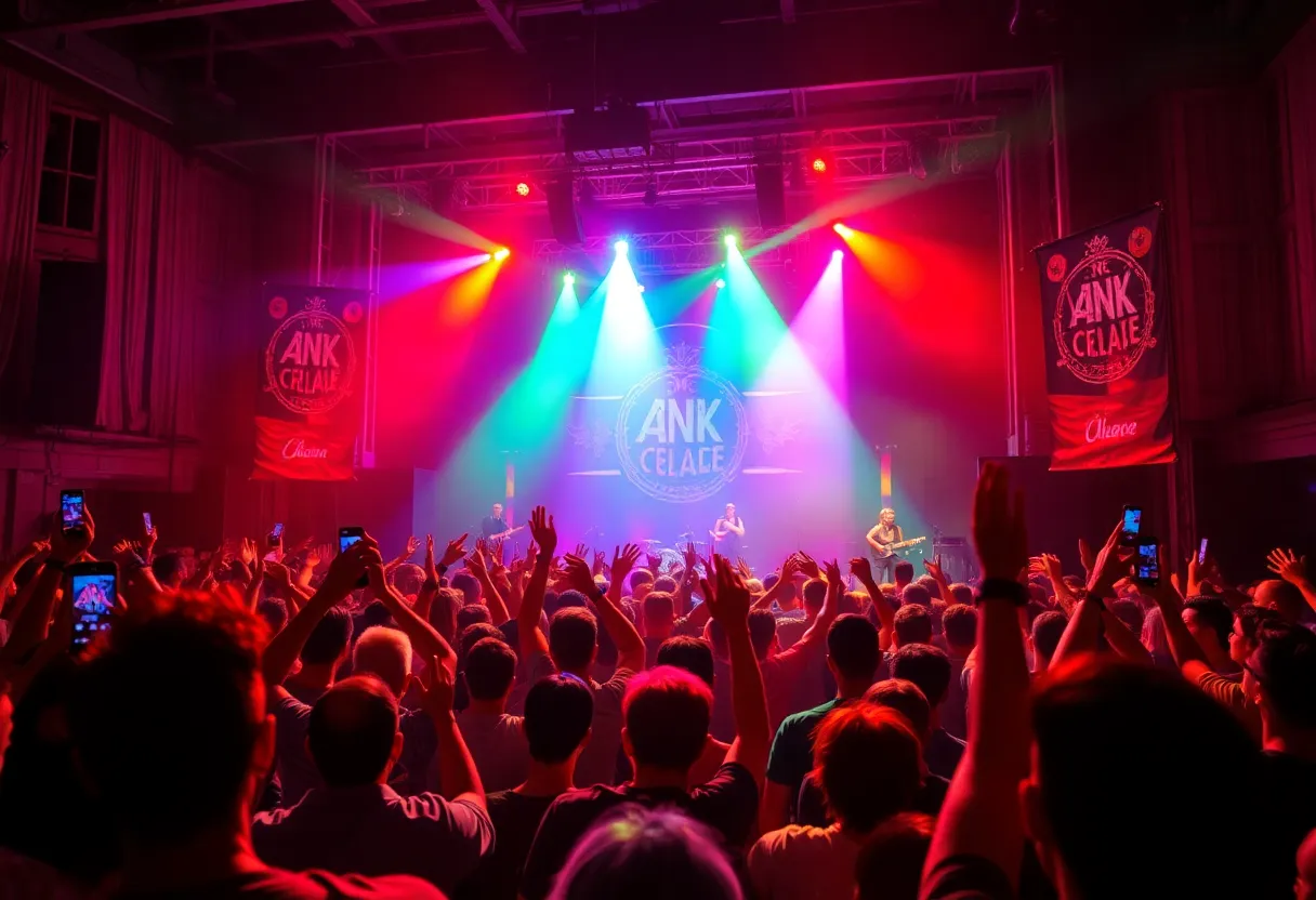 Audience enjoying a concert with colorful stage lights