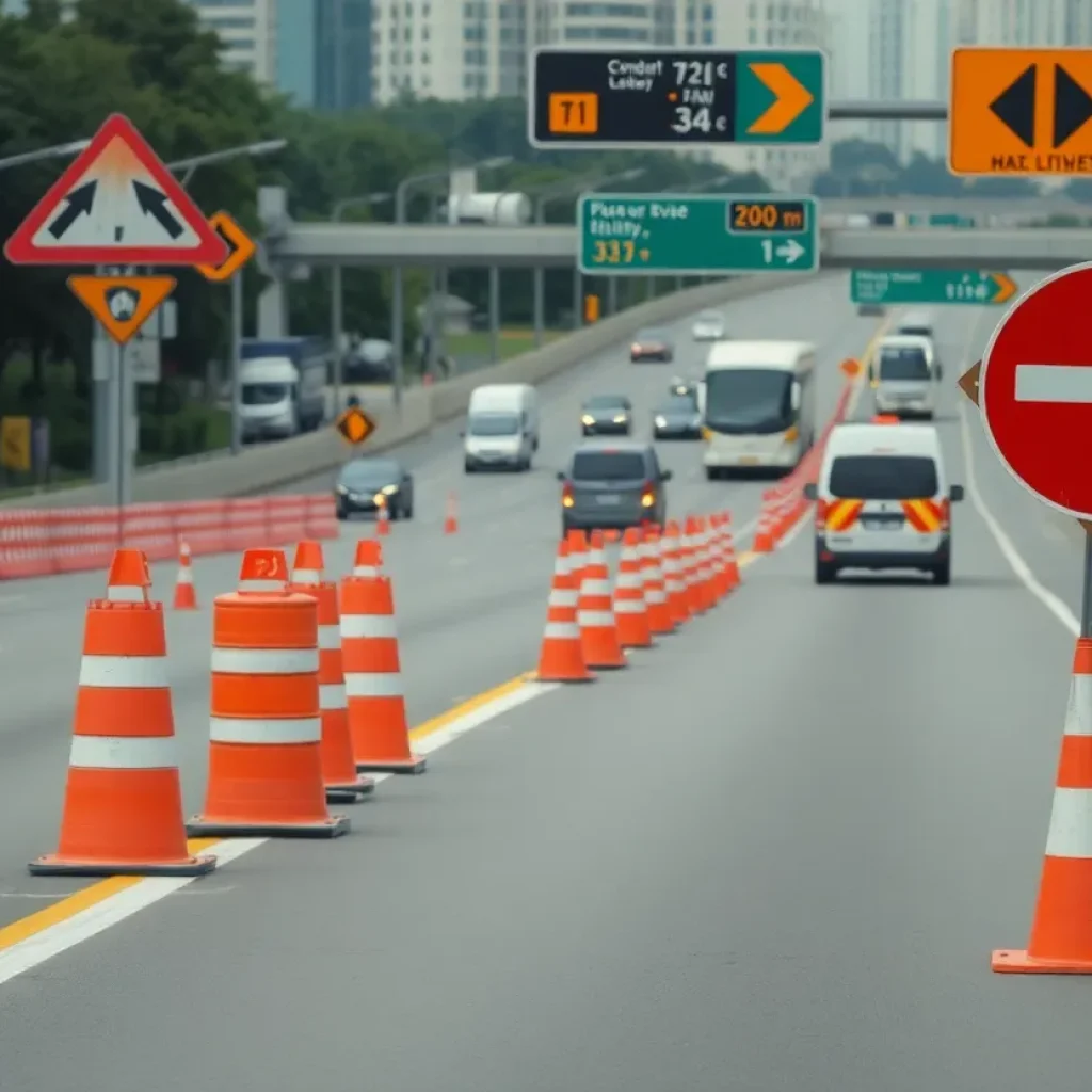 Construction zone on I-696 with traffic cones and detour signs