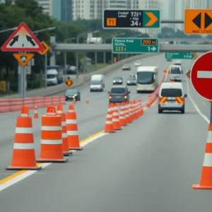Construction zone on I-696 with traffic cones and detour signs