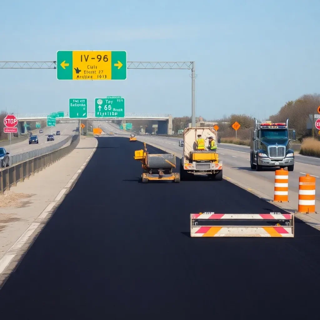 Highway construction on I-96 with workers and equipment