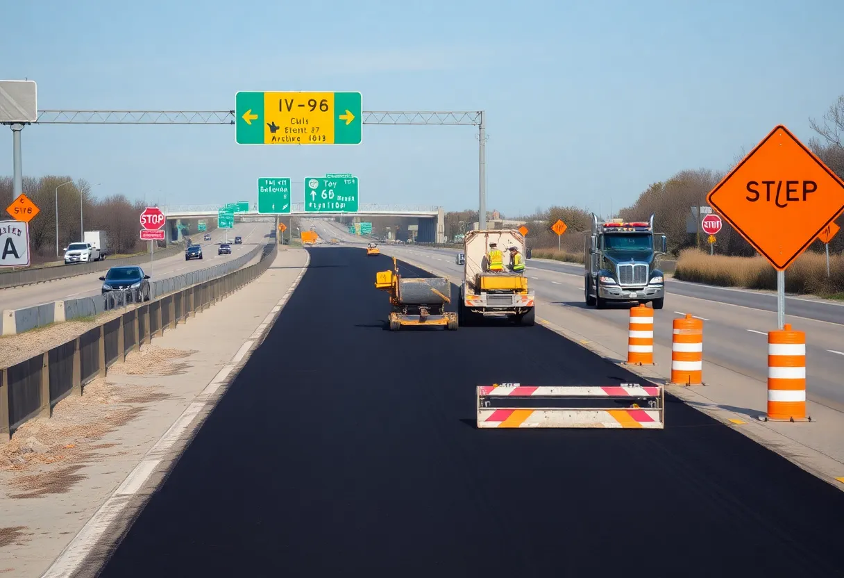 Highway construction on I-96 with workers and equipment