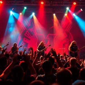 Audience enjoying a concert by Ice Nine Kills with dramatic lighting and energetic atmosphere.