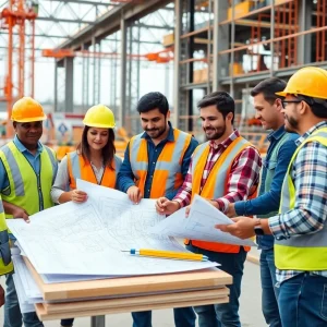 Construction workers collaborating on an infrastructure project