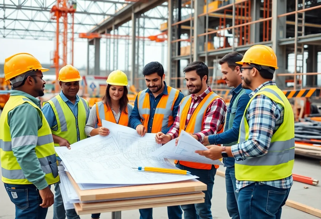 Construction workers collaborating on an infrastructure project