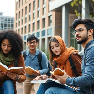 Diverse group of international students on campus concerned about visa issues
