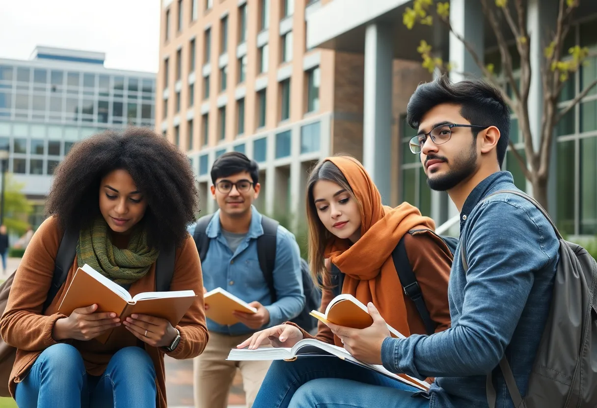 Diverse group of international students on campus concerned about visa issues