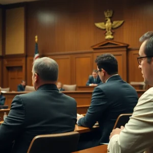 A courtroom with jurors and a judge during a deliberation in a police shooting trial
