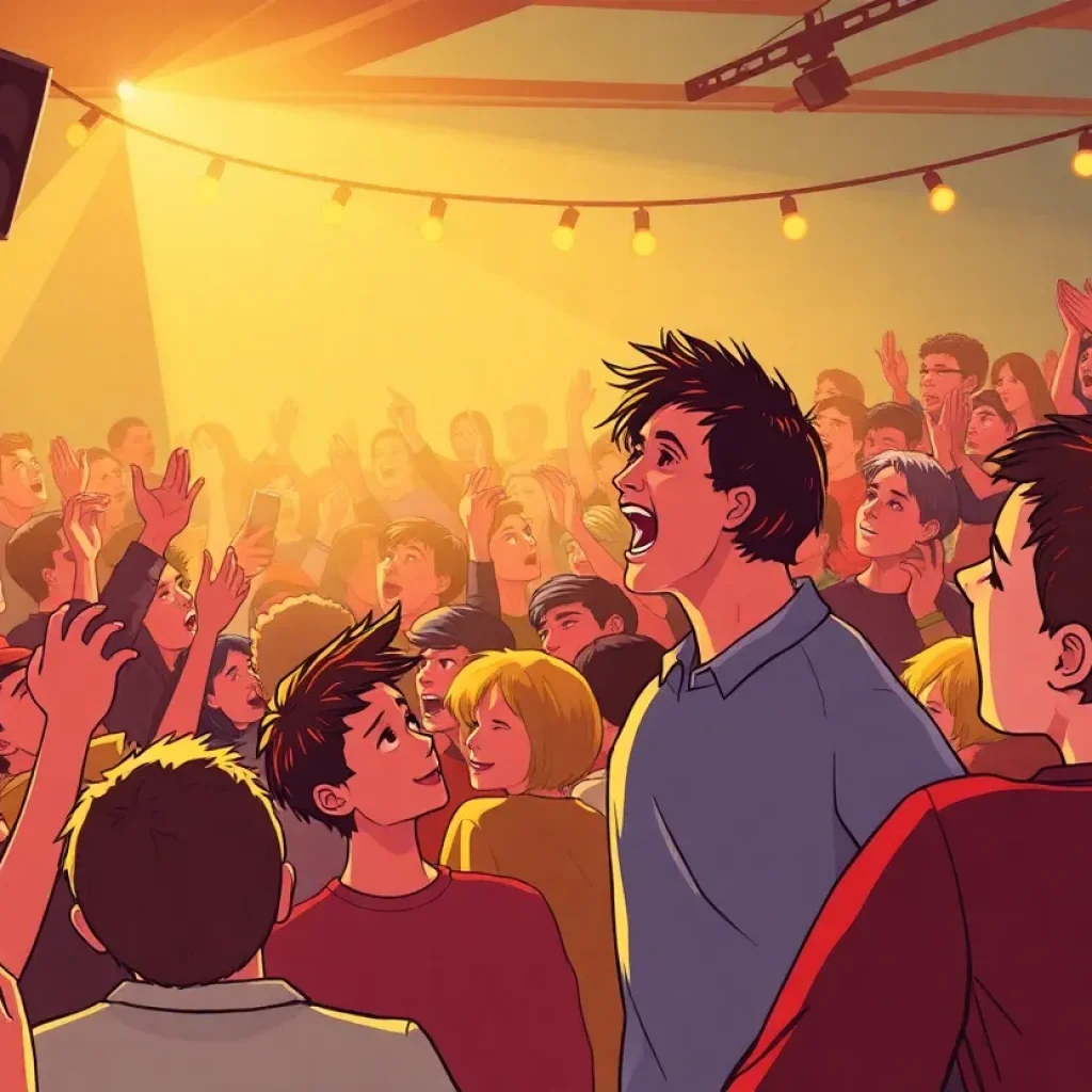 Illustration of a comedy venue filled with an enthusiastic audience.
