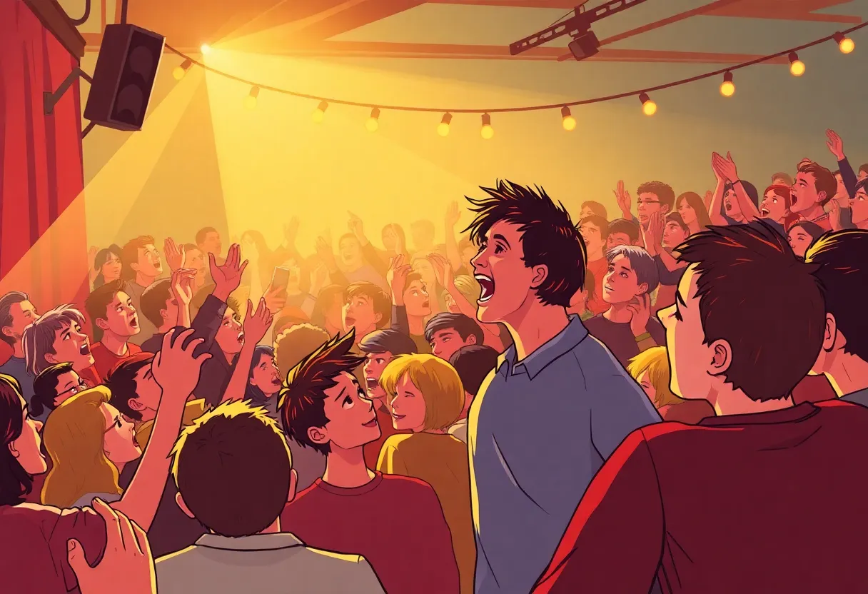 Illustration of a comedy venue filled with an enthusiastic audience.
