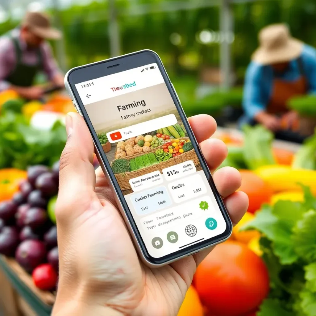 Screenshot of the Krishi farming app with fresh produce.