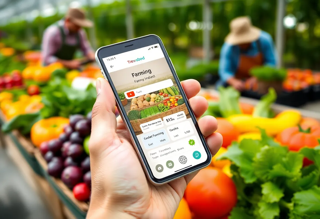 Screenshot of the Krishi farming app with fresh produce.