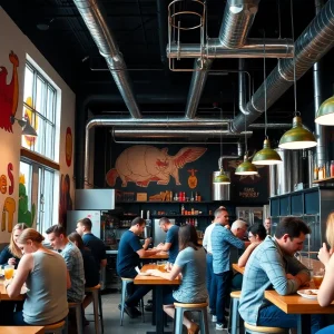 Interior view of Lost Art Brewhouse Kitchen with guests dining.