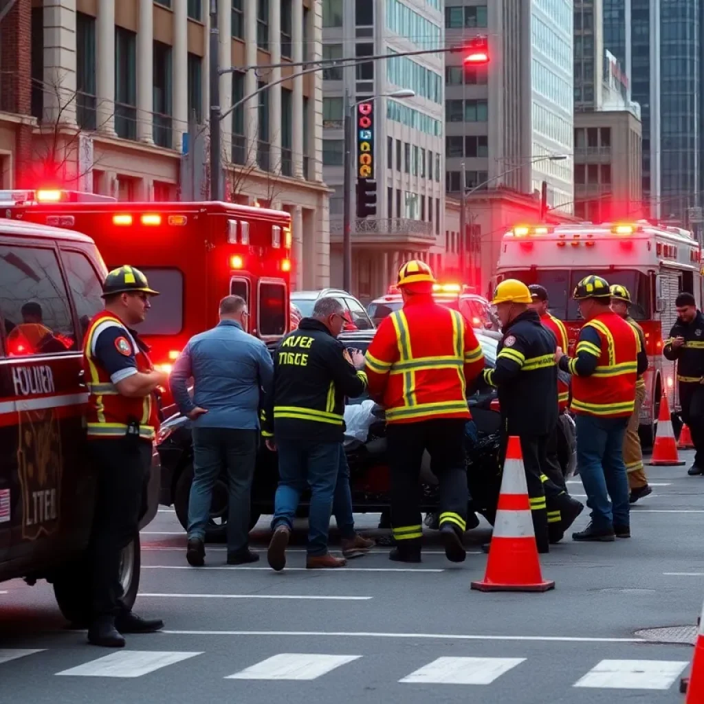 Emergency responders assisting at a downtown traffic accident scene.